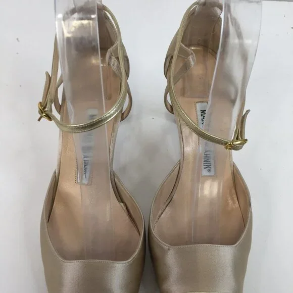 Manolo Blahnik Golden Cap Toe Ankle Strap Pumps Size 37.5